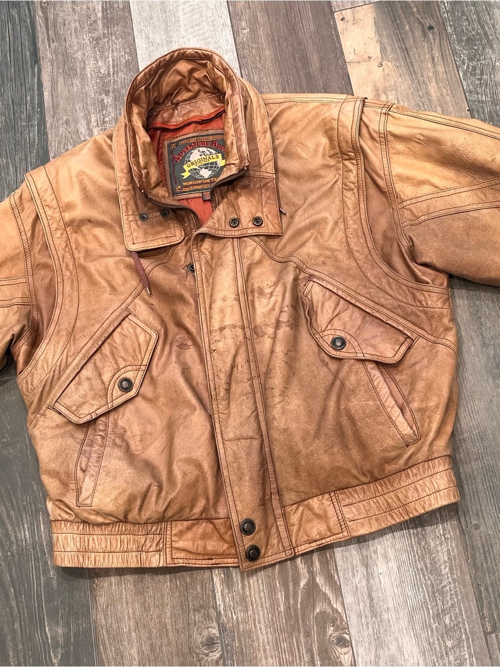 Adventure Bound Distressed Leather Bomber Jacket Brown M Men Vintage - Picture 9 of 15